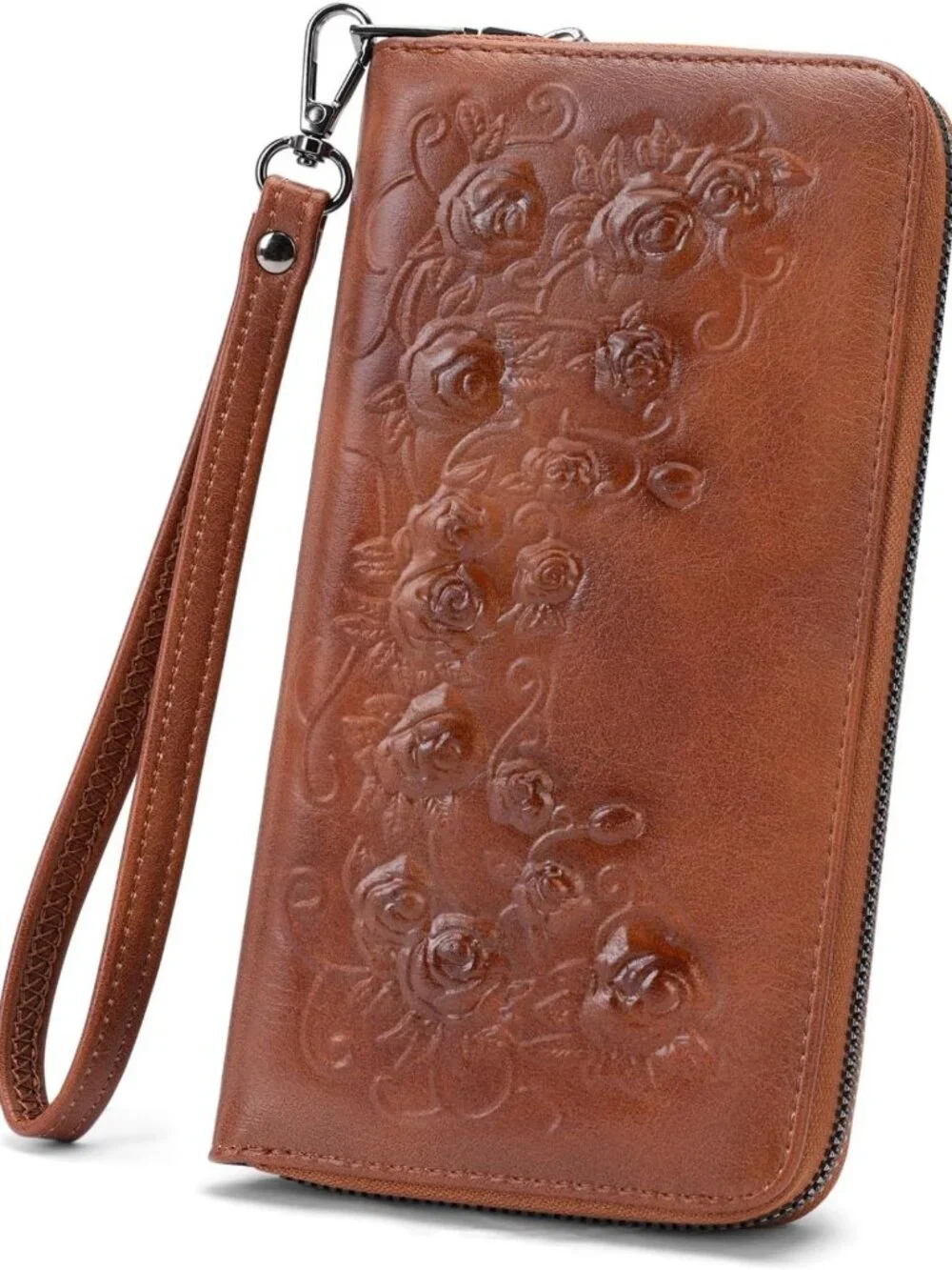Large Capacity Floral Embossed Vegan Leather Wallet Clutch with RFID & Wristlet